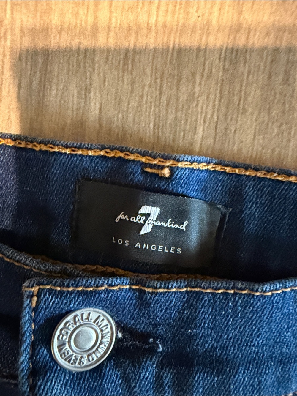 7 For All Mankind Dark Blue Frayed Hem Denim Shorts - Picture 2 of 5